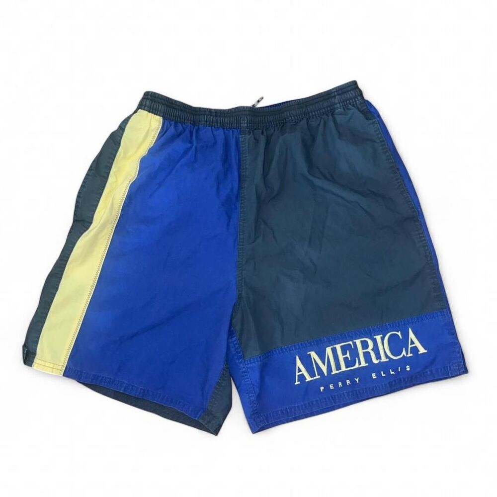 Vintage 1980s 1990s Perry Ellis Men's Colorblock Gray and Blue Swim Shorts SZ M